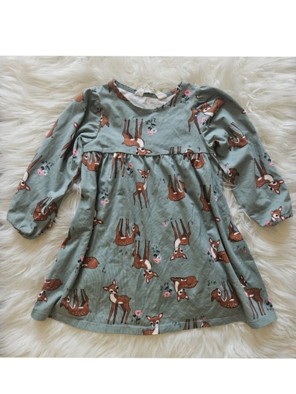 H&M Girl Blue Cotton Deer Woodland Cottagecore Doe Floral Long Sleeve Dress Boho